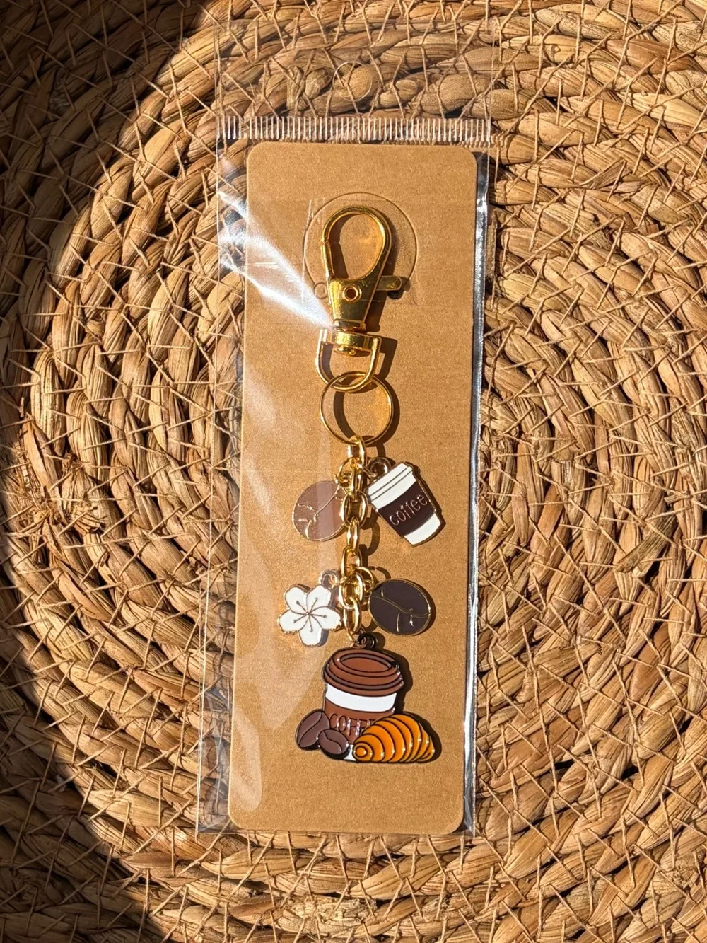 Gold-Tone Coffee Charm Keychain - Brown Coffee Cup & Croissant